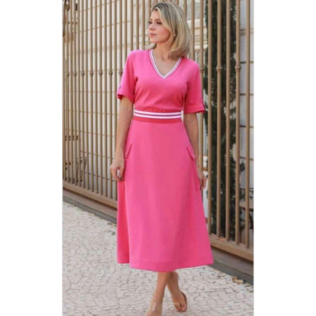 VESTIDO ROSA MIDI D/ LISTRA BRANCA BOLSO FRENTE T/4410