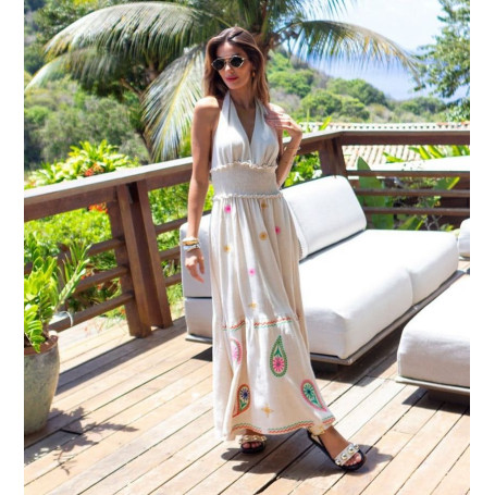 VESTIDO LONGO LINHO NATURAL, tamanho 38: Conforto e estilo em uma peça versátil e elegante.